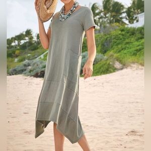 SOFT SURROUNDINGS LORIA OLIVE GREEN MIDI DRESS WITH POCKET WOMENS MEDIUM